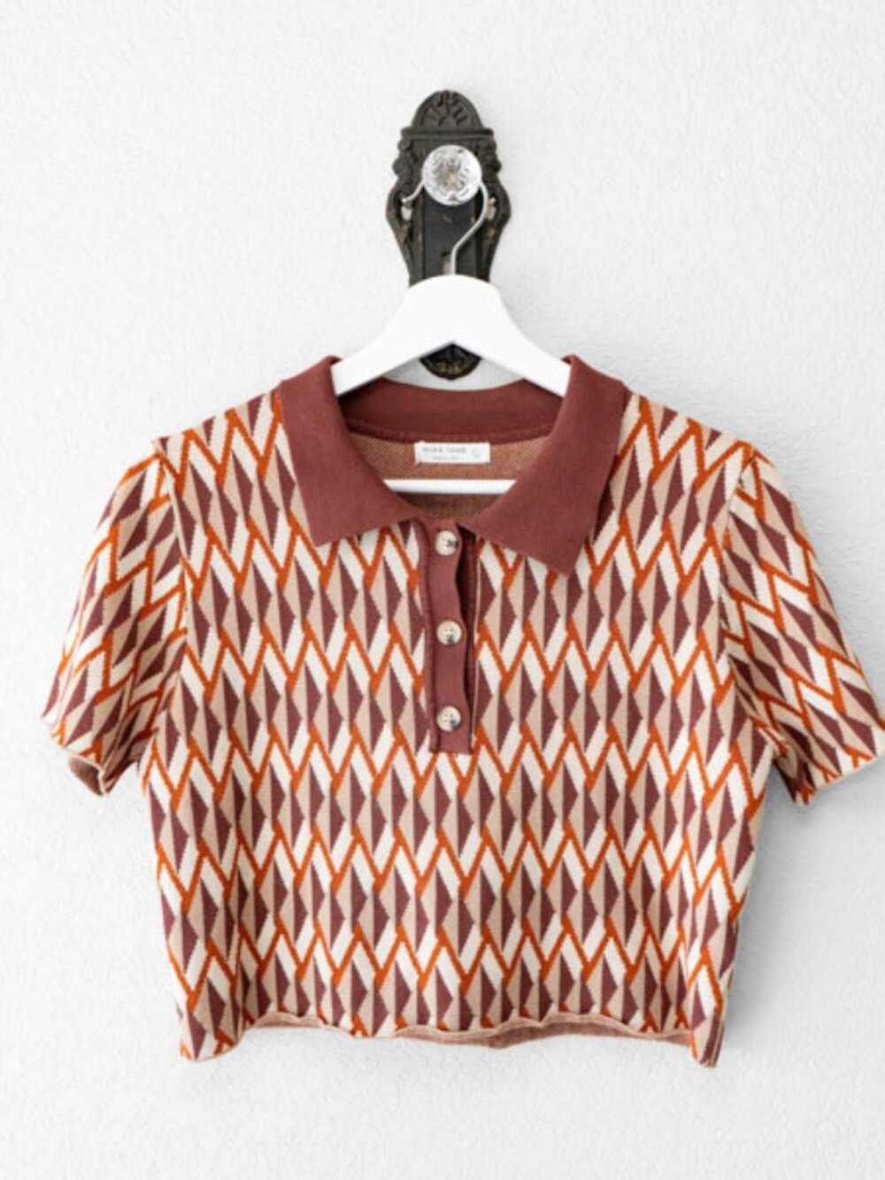 Miss Love Retro Geometric Crop Polo Top Brown Mod Sweater Knit Large